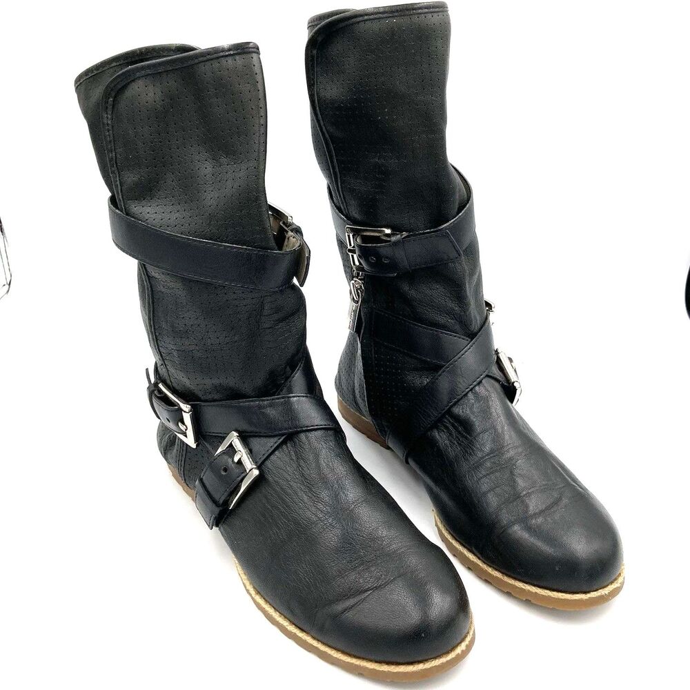 Michael Kors Boots Black Perforated Soft Leather Pull On Ankle Buckle Zip 7 M